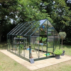 HALLS szklarnia ogrodowa Universal 128 zielona (9.9 m2; 2,57 x3,84 m), szkło hartowane + baza